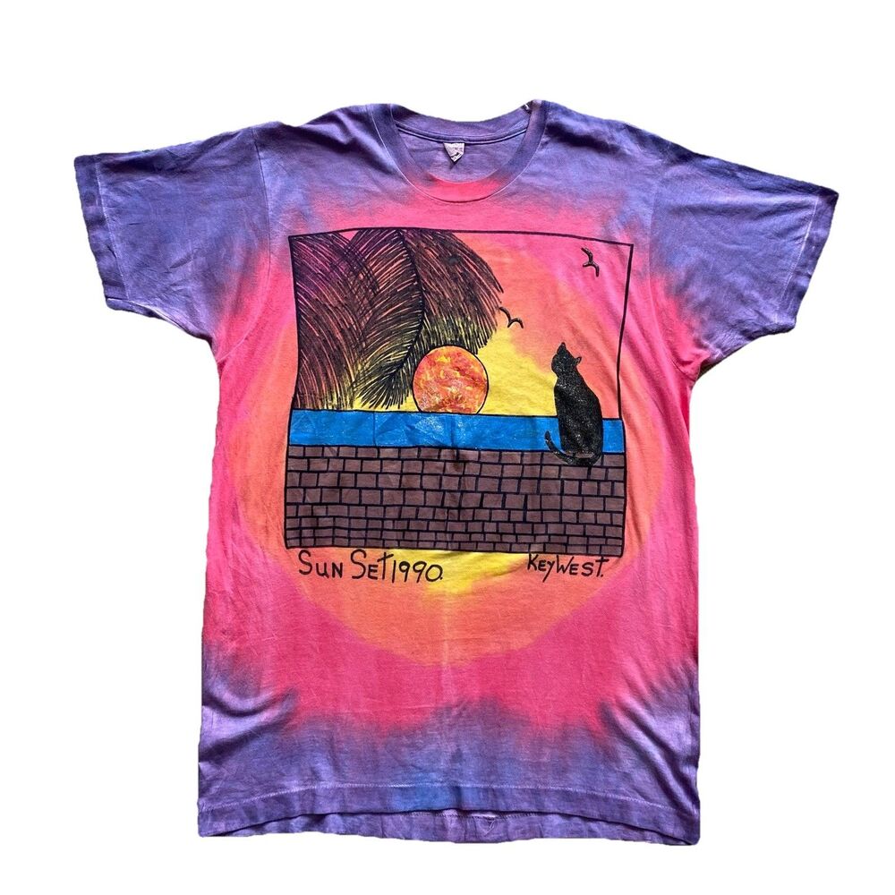 Vintage Key West Cat T Shirt 90s Tie Dye XL Sunset Palm Animal - Picture 2 of 7